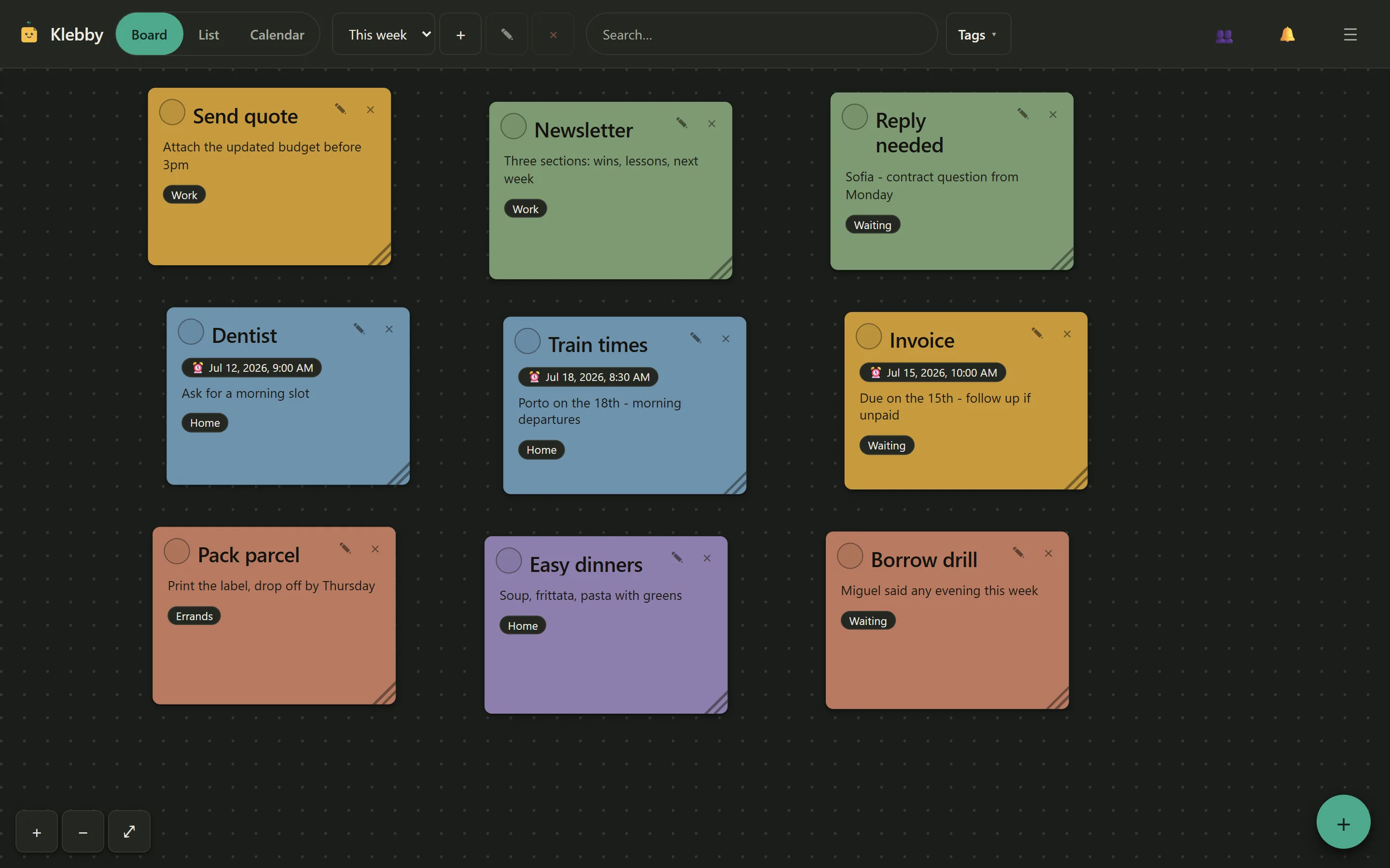 Klebby freeform board in light mode with coloured notes arranged across the canvas