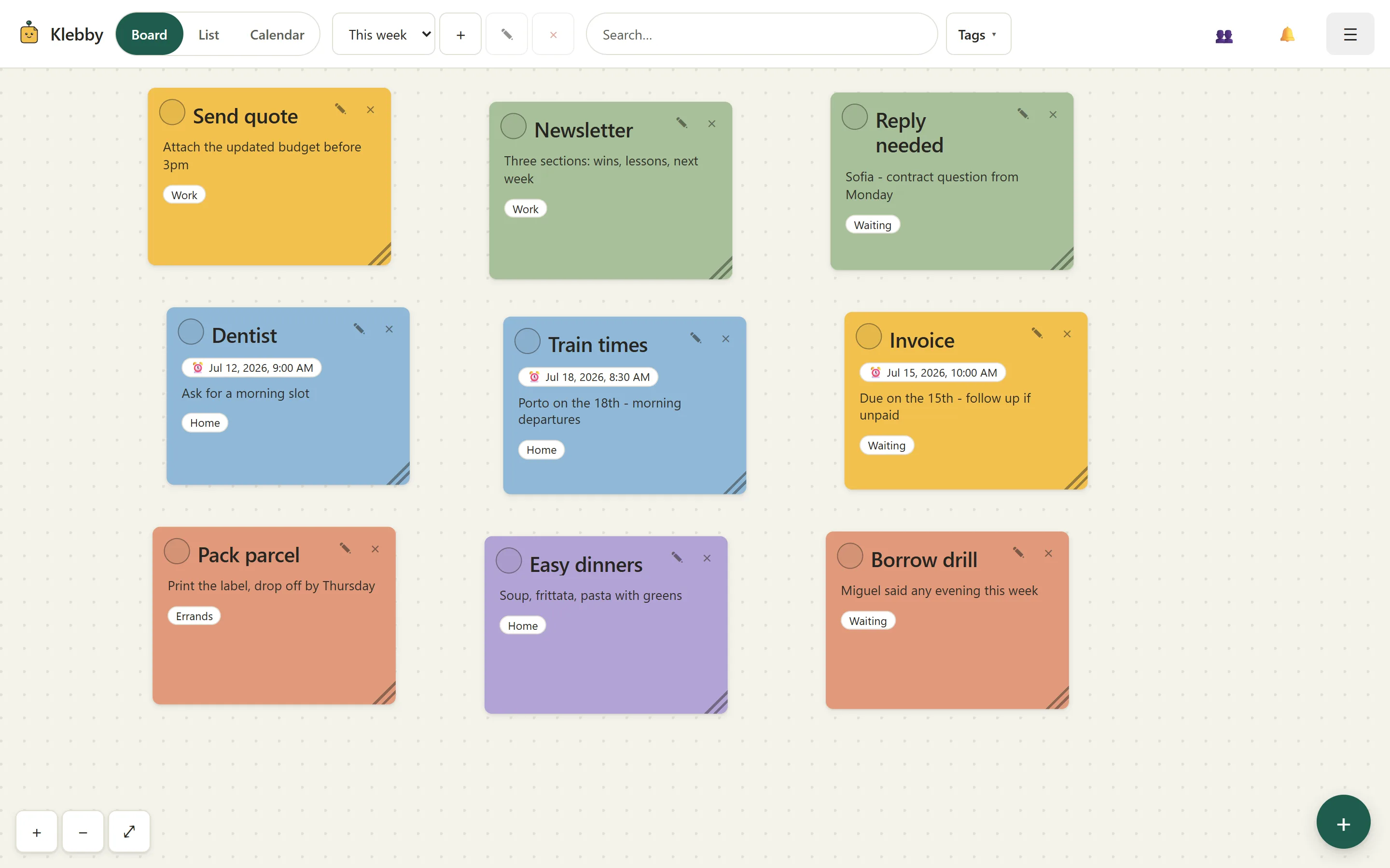 Klebby freeform board in light mode with coloured notes arranged across the canvas