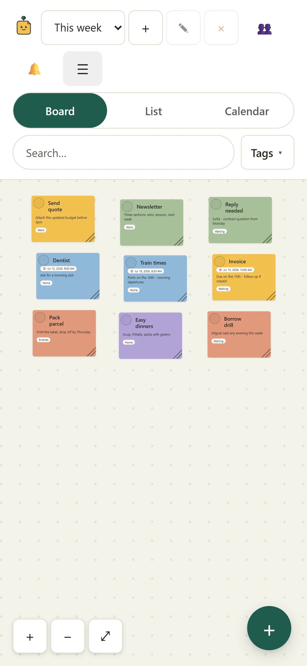 Klebby freeform board in light mode with coloured notes arranged across the canvas