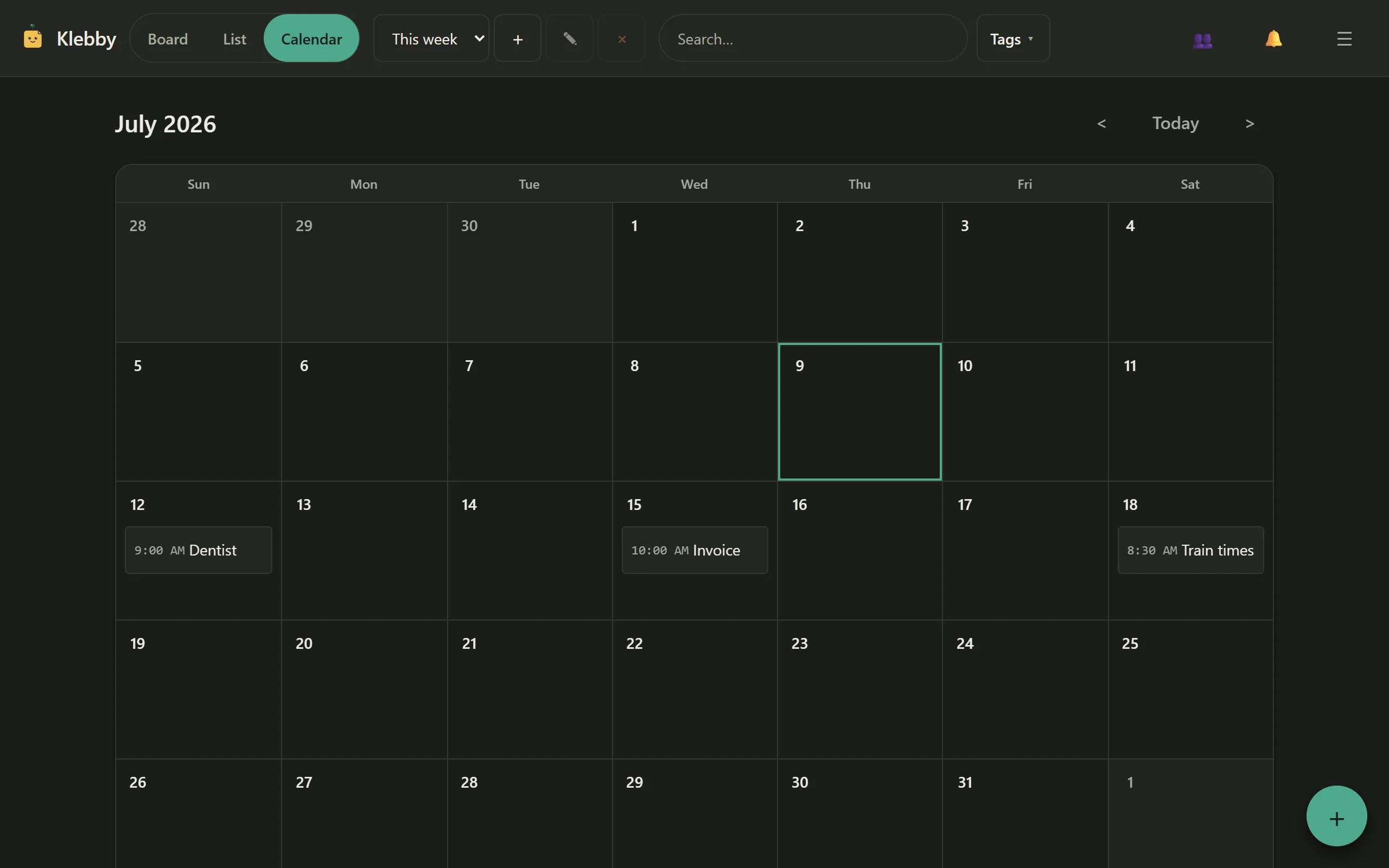 Klebby calendar showing a visual week of dated notes