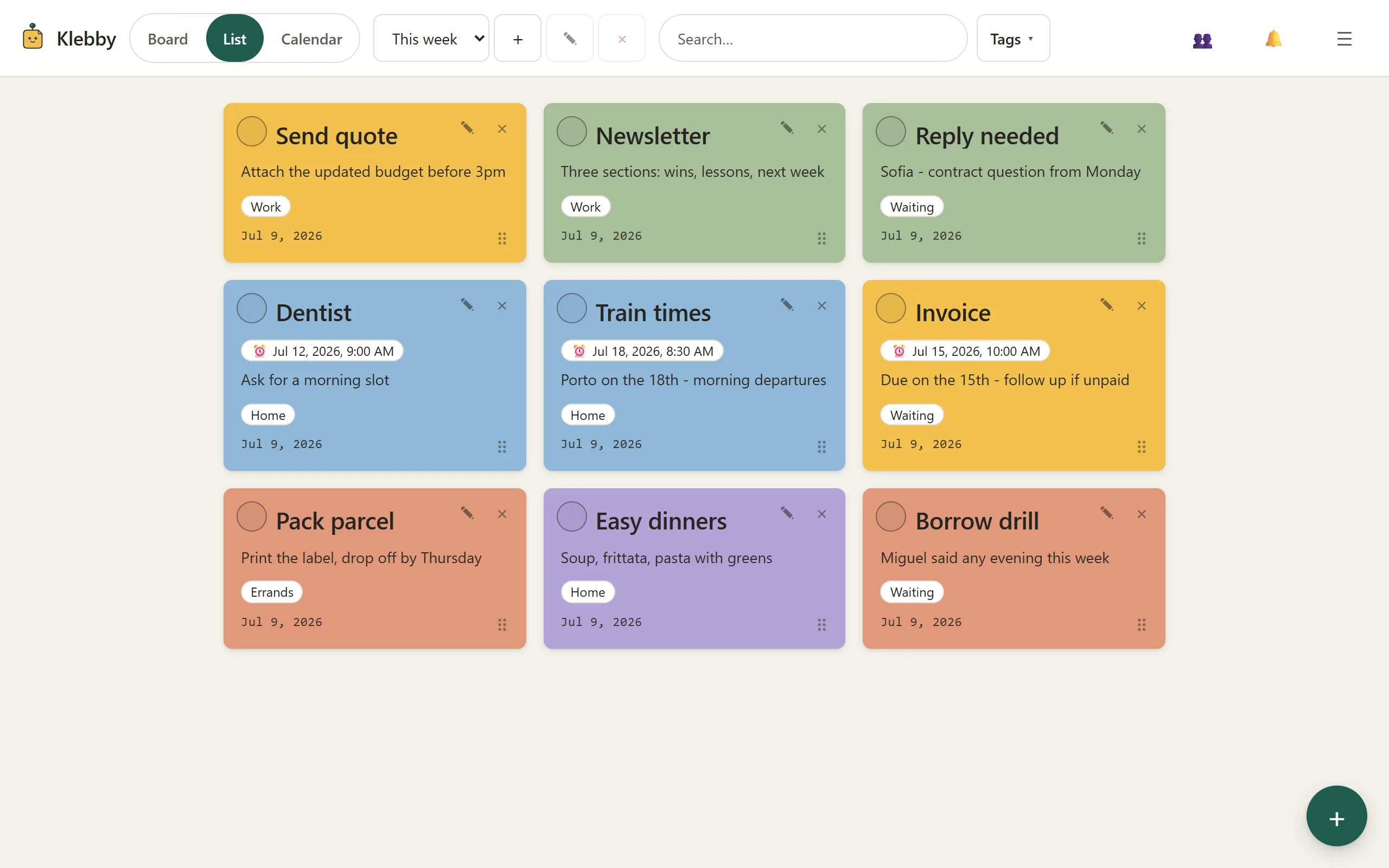 Klebby list view showing the same notes in a compact ordered layout