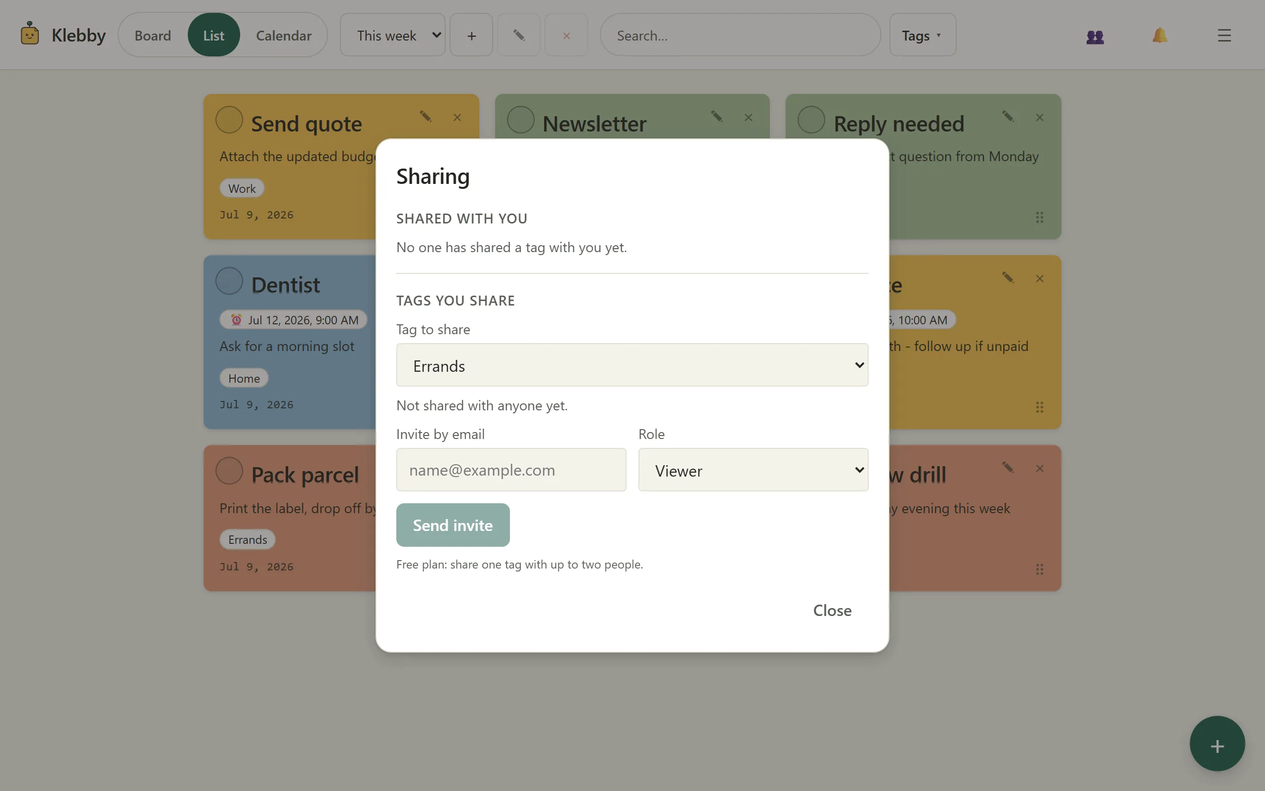 Klebby sharing panel with a shared tag, an accepted collaborator, and viewer or editor roles