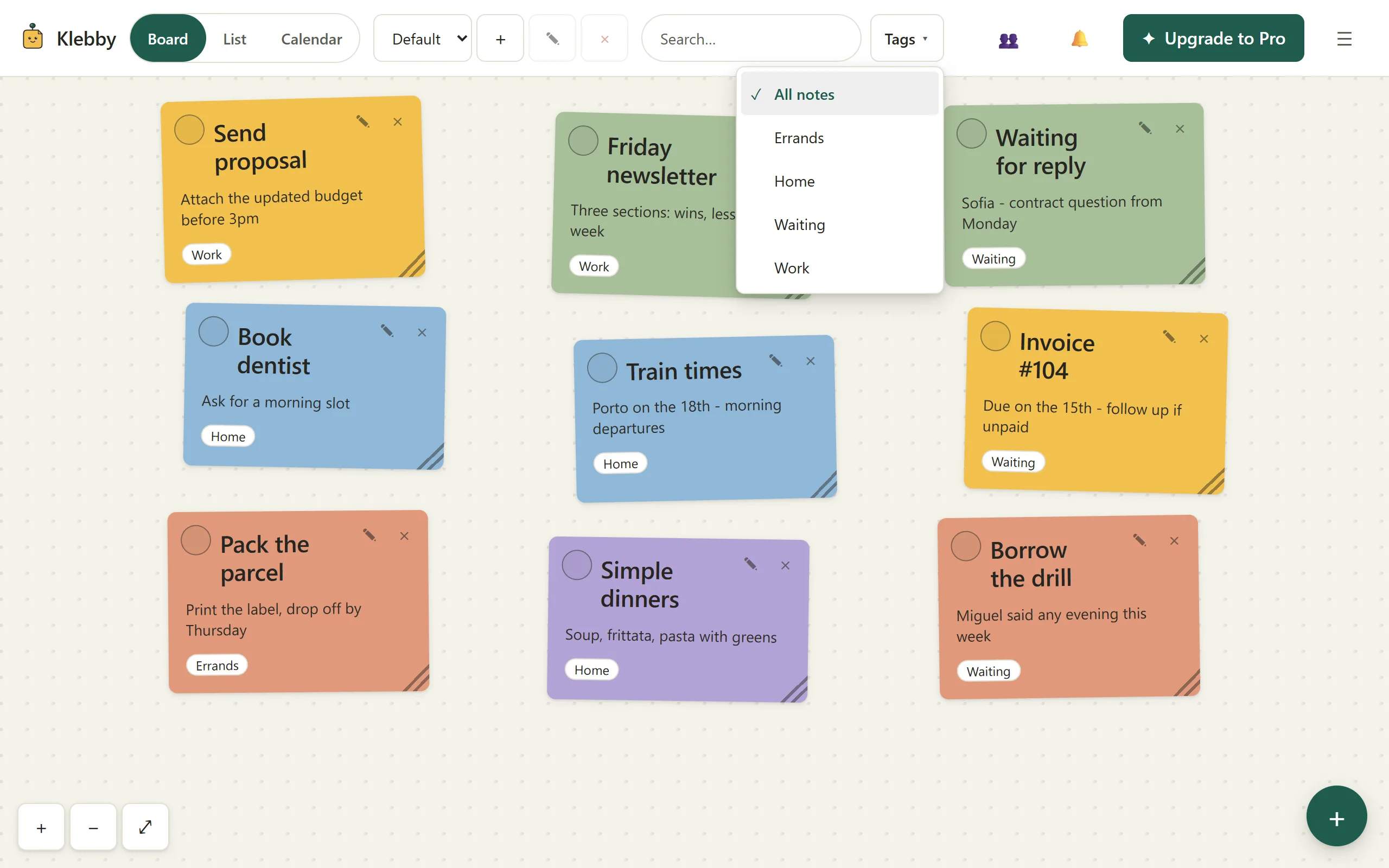 Klebby board filtered by tags to show one focused set of digital sticky notes